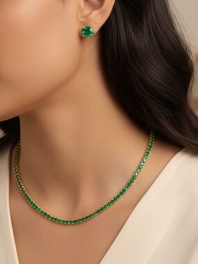 18k Gold Plated Emerald Green CZ Tennis Necklace. New.